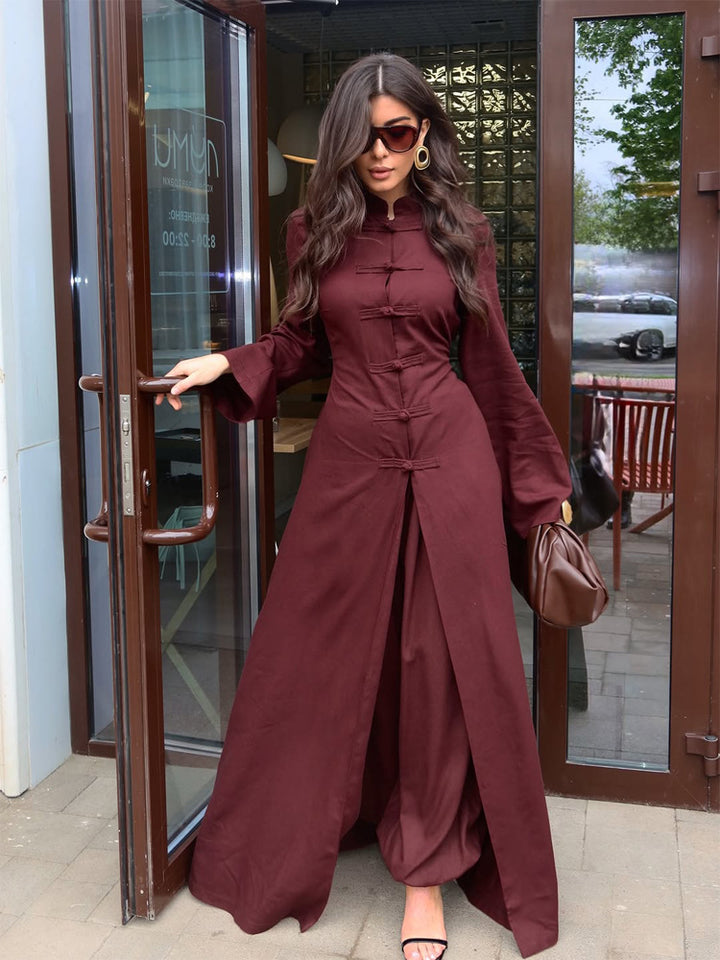 Ladies maxi dress with stand collar, mandarin button placket and draped skirt Amarae