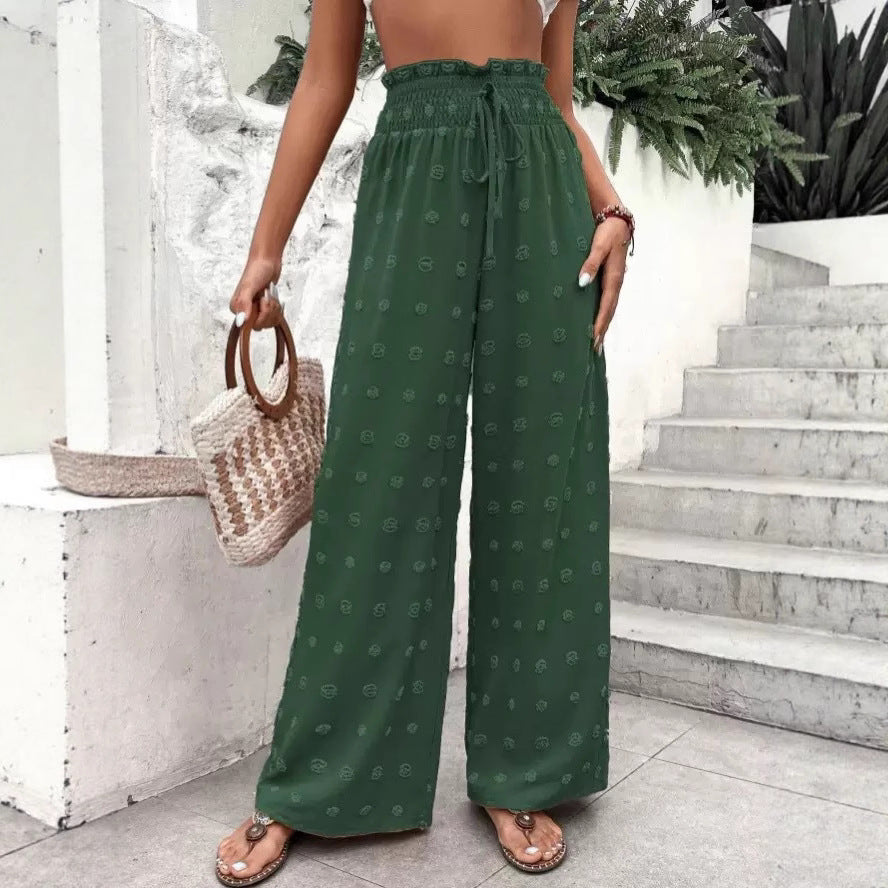 Wide palazzo pants for women with elastic waistband and decorative pattern Lune London