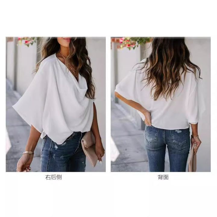 Elegant blouse for women with draped V-neck and loose sleeves Lune London