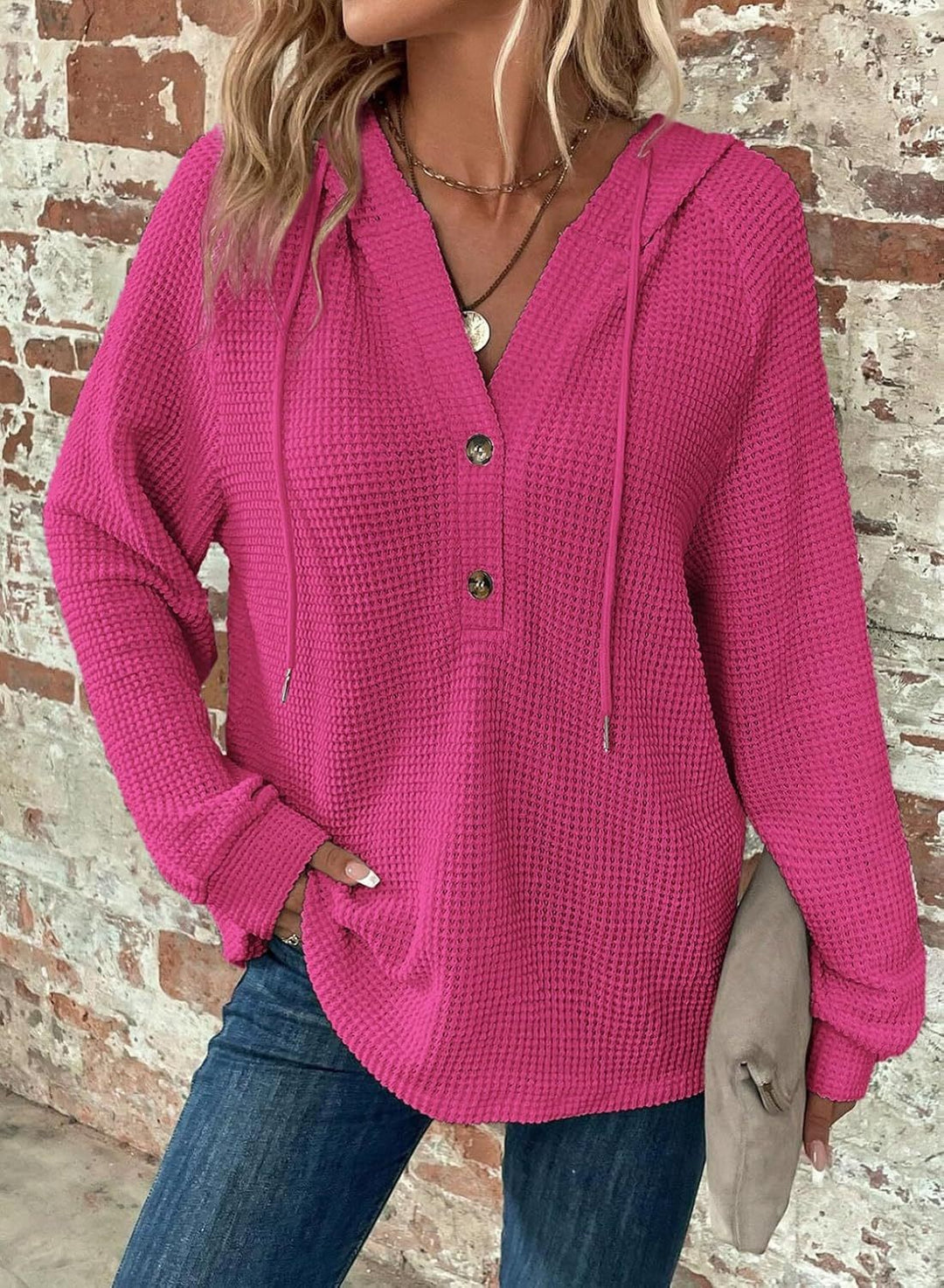 Women Waffle Knit Hoodie with Henley Button Placket and Oversized Cut Amarae