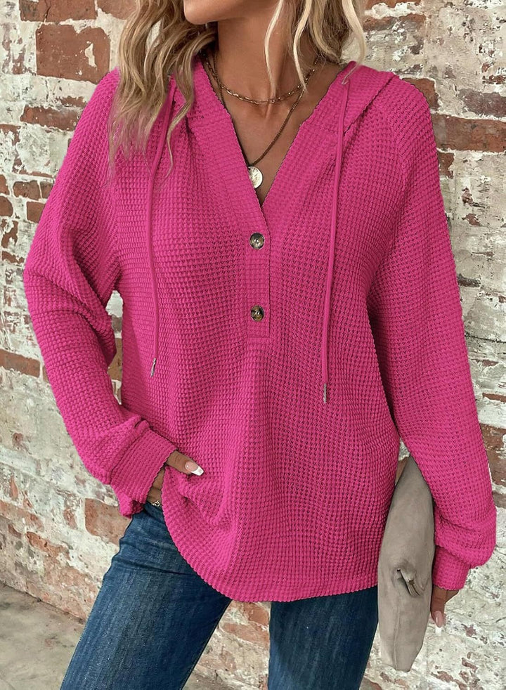 Women Waffle Knit Hoodie with Henley Button Placket and Oversized Cut Amarae