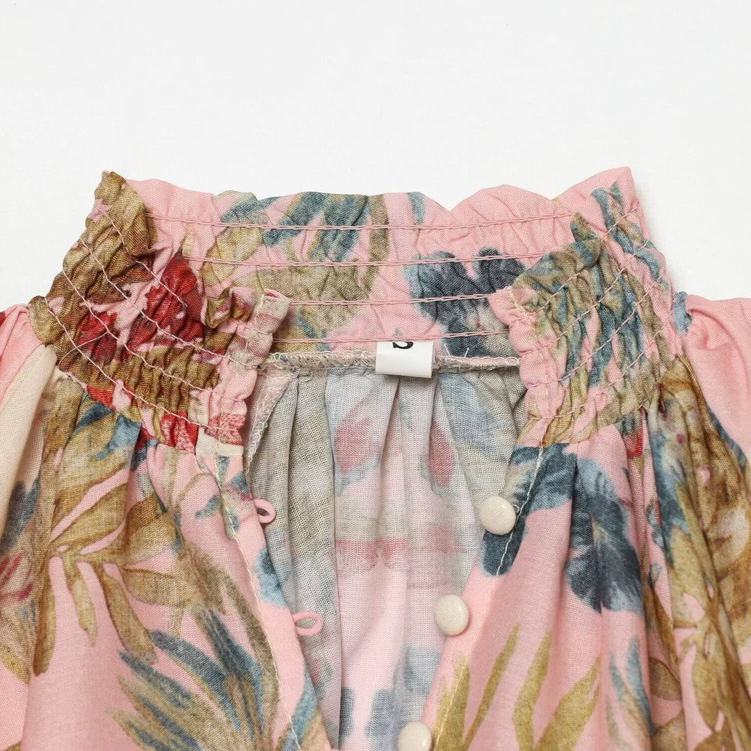 Women's Flowing Silk-like Blouse with Ruffle Collar, Button Placket and Balloon Sleeves Amarae