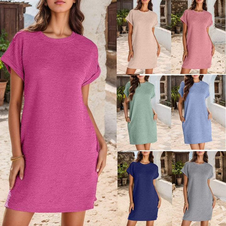 Casual T-shirt dress for women with rolled-up sleeves and a textured fabric Lune London