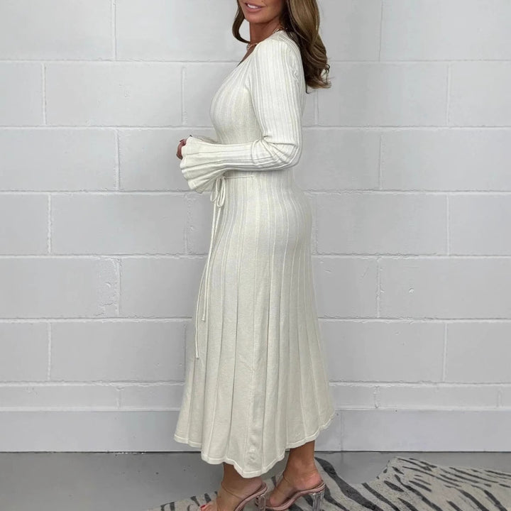 Lune London Women’s V Neck Maxi Knit Dress with Waist Cord