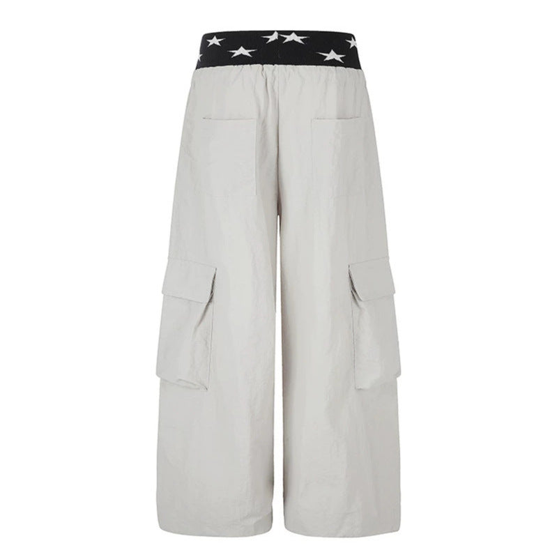 Women's Extra Wide Cargo Palazzo Pants with Star Jacquard Waistband, Drawstring and Playful Star Applications