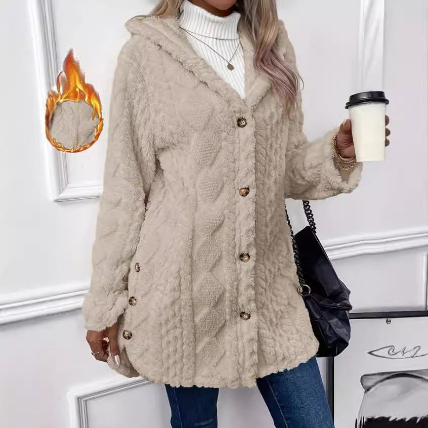 Women Plush Hooded Jacket with Decorative Button Details Amarae
