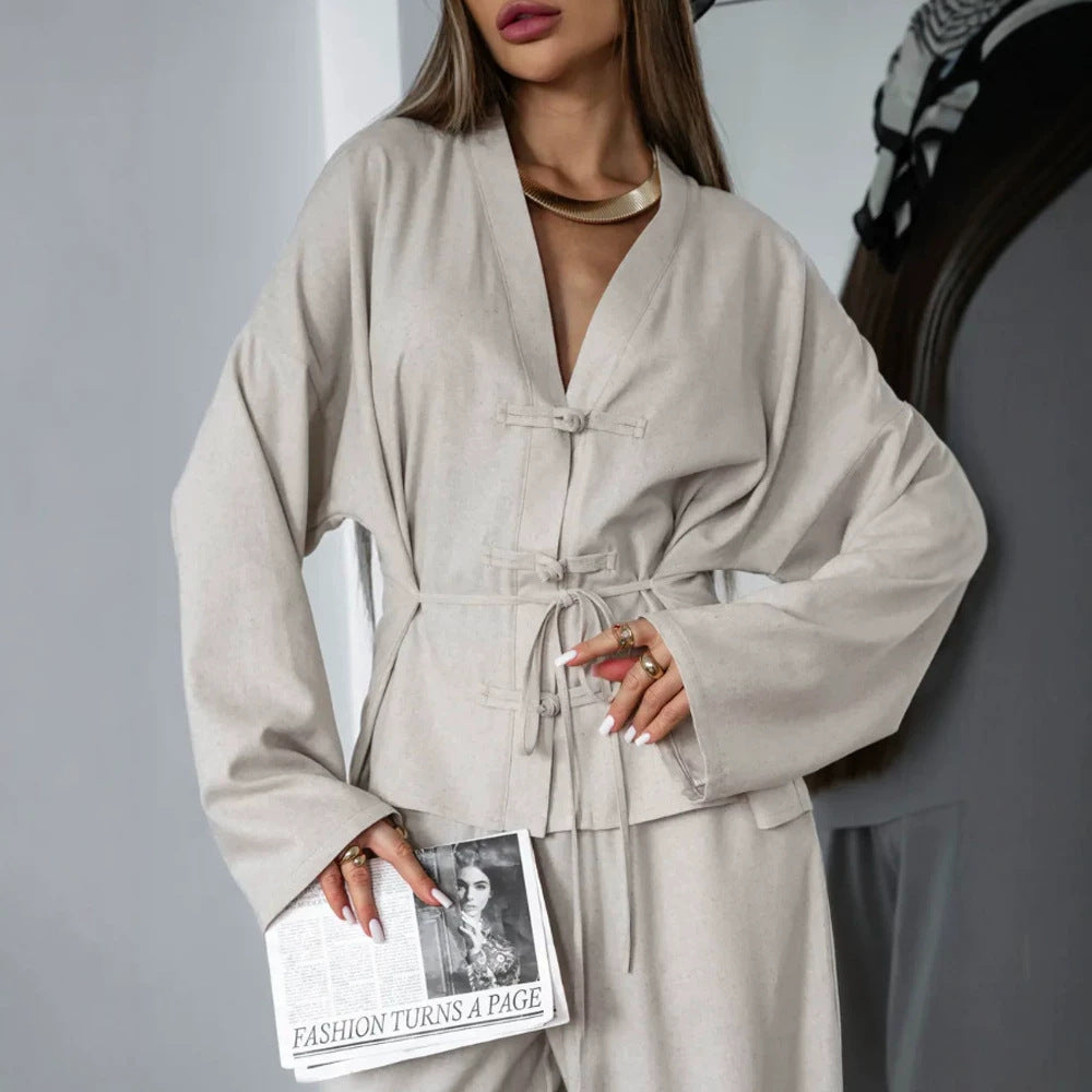 Women's Kimono-Inspired Loungewear Jacket with Waist Tie and Decorative Knot Amarae