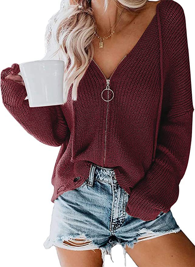 Knit V-neck sweater for women with full zip and relaxed fit Lune London
