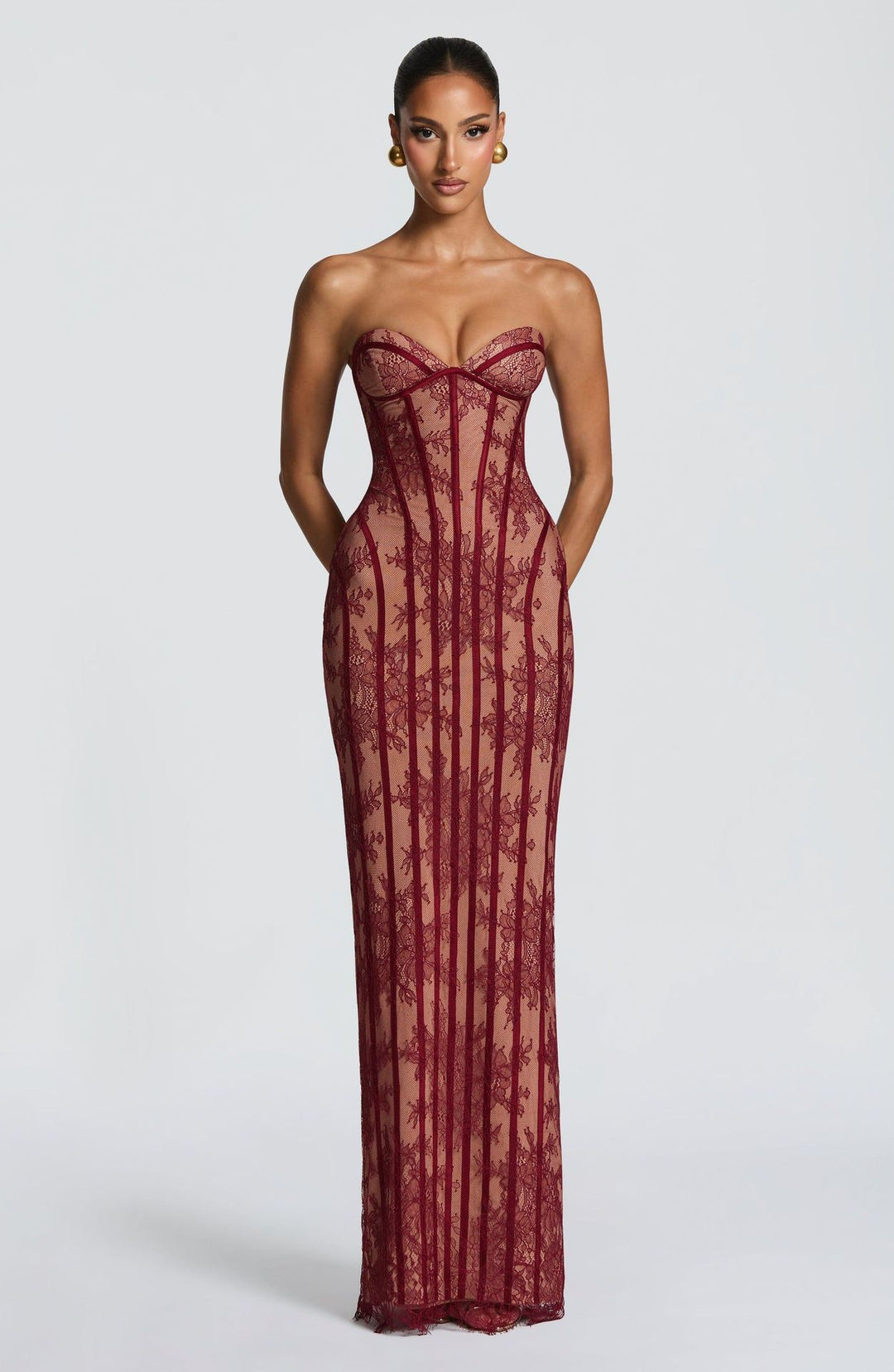 Ladies fitted lace dress with bustier top and elegant details