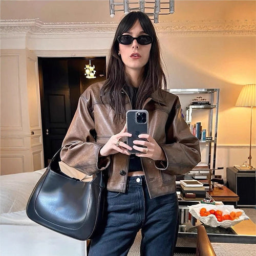 Women's cropped boxy jacket made of vegan leather with shirt collar Amarae