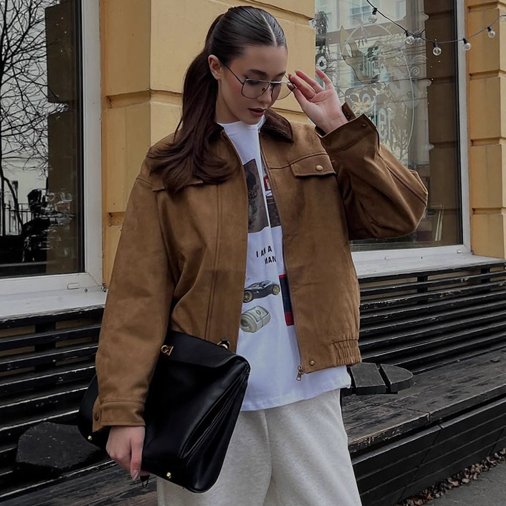 Women's Boxy Suede Blouson Jacket with Cord Collar and Teddy Lining Amarae