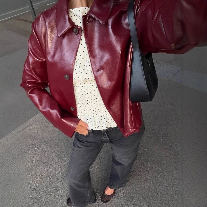 Women's Boxy Faux Leather Jacket with Shirt Collar and Straight Cropped Cut Amarae
