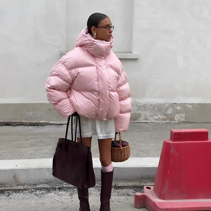 Women's short oversized quilted down jacket with hood and high stand-up collar Amarae