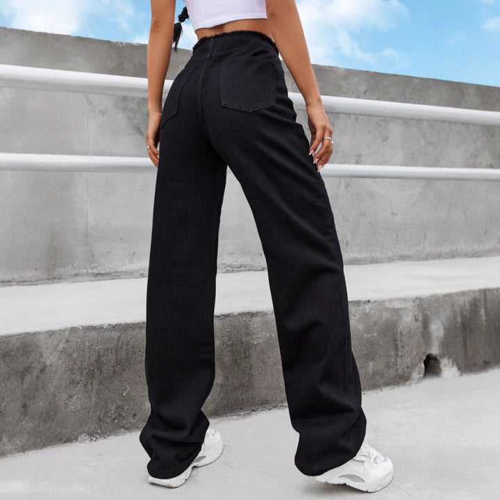 Women's High-Waisted Wide-Leg Jeans with Visible Front Zip, Knee Darts and Raw Hem Amarae