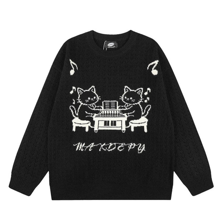 Women's Oversize Knit Sweater with Jacquard Cat Motif and Musical Design Amarae