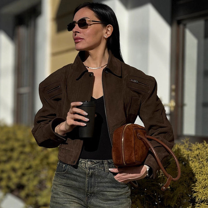 Lune London Women's Suede Bomber Jacket with Voluminous Sleeves