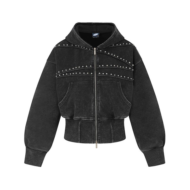 Women's short-cut zip hoodie with metallic stud detailing and wide ribbed hem Amarae