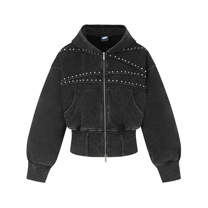 Women's short-cut zip hoodie with metallic stud detailing and wide ribbed hem Amarae