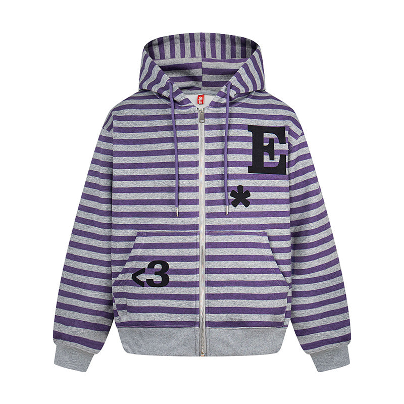 Women's oversized striped hooded sweatshirt jacket with full-length zipper and typographic front print Amarae