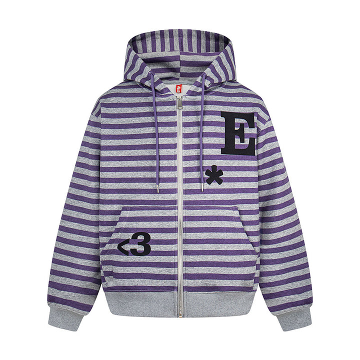 Women's oversized striped hooded sweatshirt jacket with full-length zipper and typographic front print Amarae