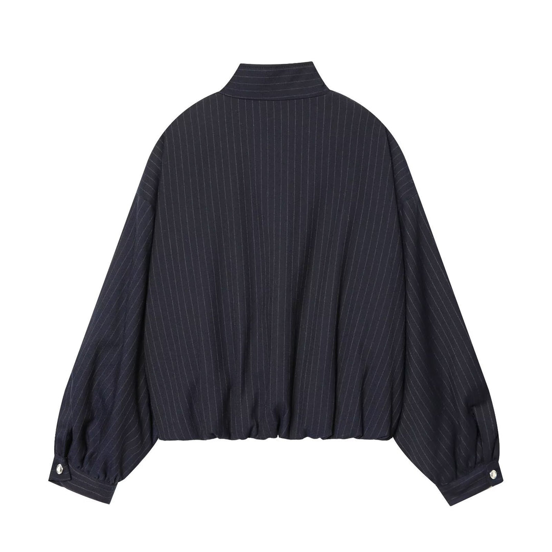 Ladies Short Pinstripe Blouson Jacket with Stand Collar, Balloon Sleeves and Elastic Hem Amarae