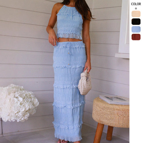 Women Two-Piece Set with Gathered Top and Maxi Skirt