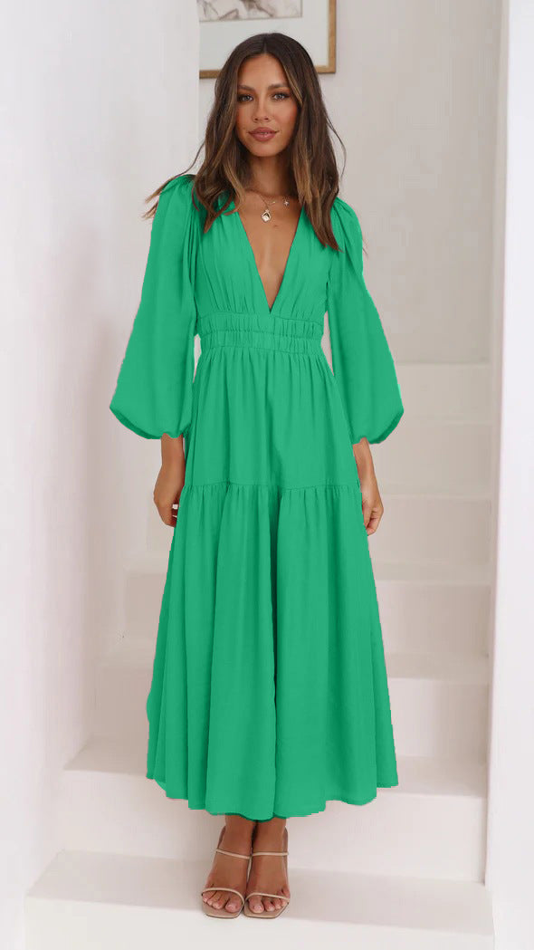 Women's Maxi Dress with Deep V-Neck and Wide Flared Sleeves Lune London