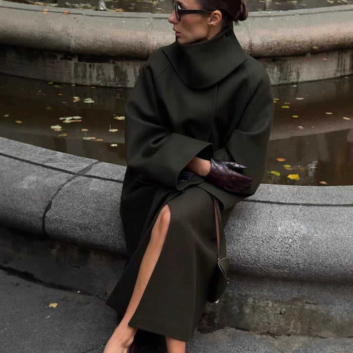 Ladies Maxilength Oversize Wool Blend Coat with Oversized Stand Collar and Balloon-like Sleeves Amarae