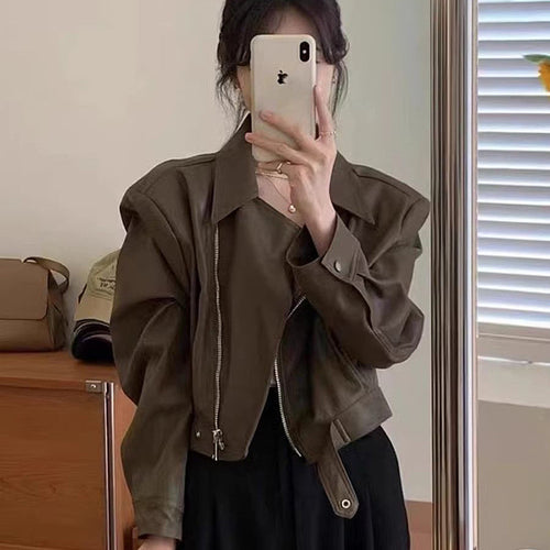 Women's Cropped Leather Jacket in Stylish Biker Design with Asymmetrical Zipper and Soft Materials