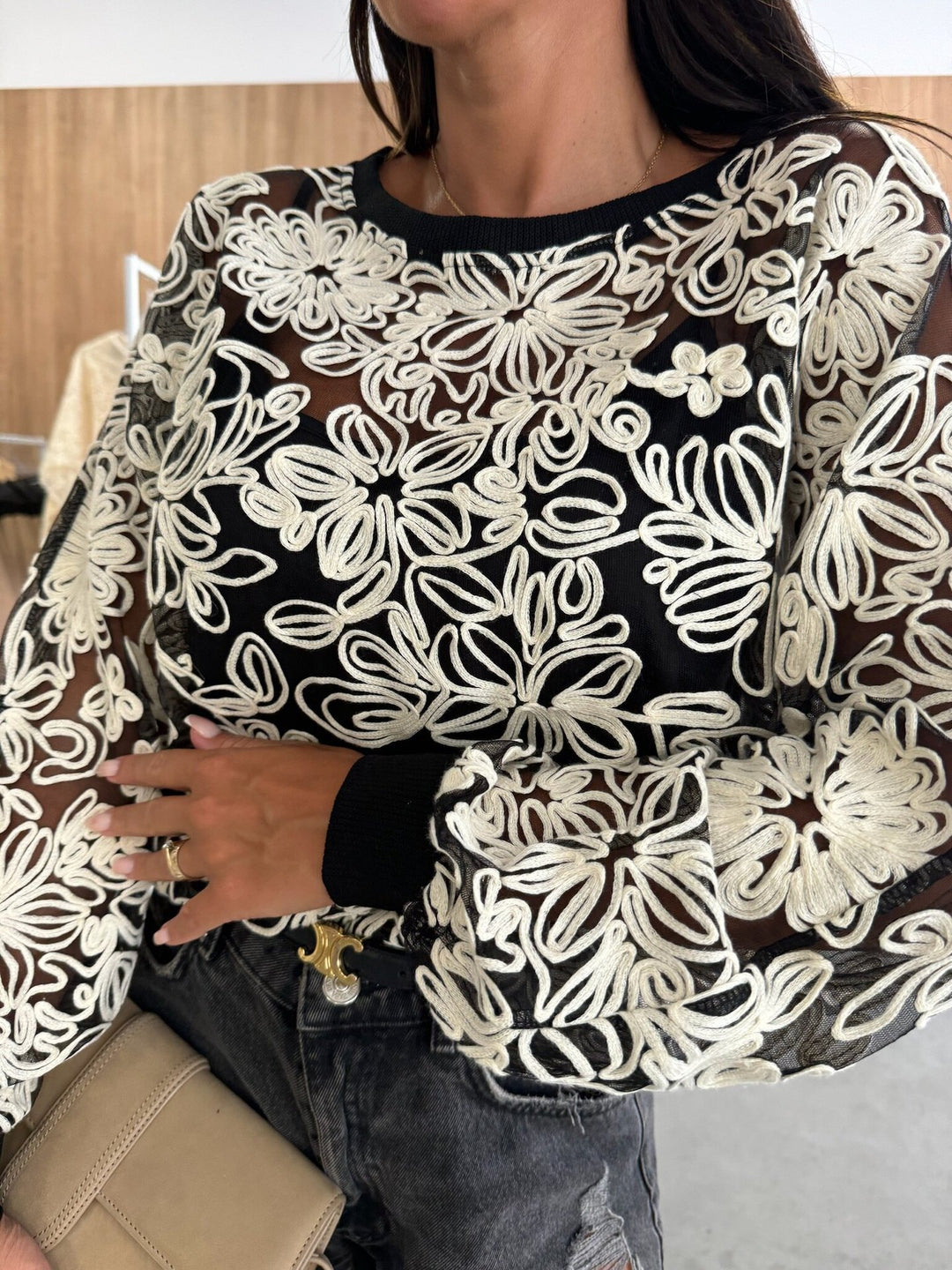 Embroidered blouse for women with transparent sleeves Lune London