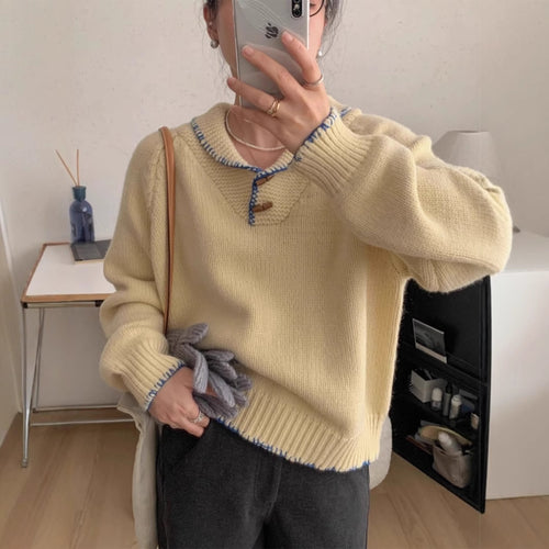 Casual knitted sweater for women with a unique button design and contrasting details Amarae