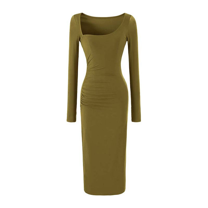 Women's Figure-hugging Midi Dress with Deep Round Neckline, Long Sleeves, and Side Gatherings