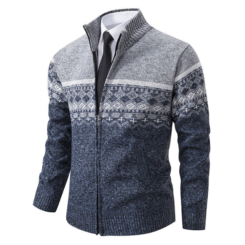 Men's Cardigan with Stand-Up Collar and Norwegian Pattern Lune London