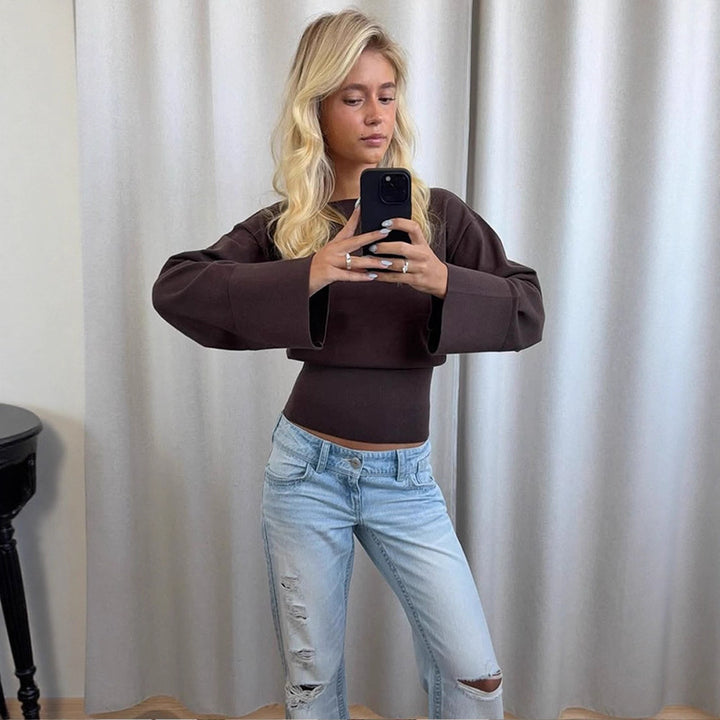 Women's Cropped Fine Knit Sweater with Wide Cuff Sleeves and Fitted Ribbed Waistband Amarae