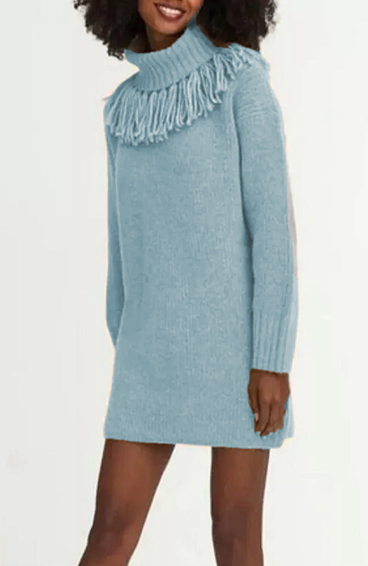 Knitted dress for women with decorative fringe trim and high turtleneck Lune Londonl
