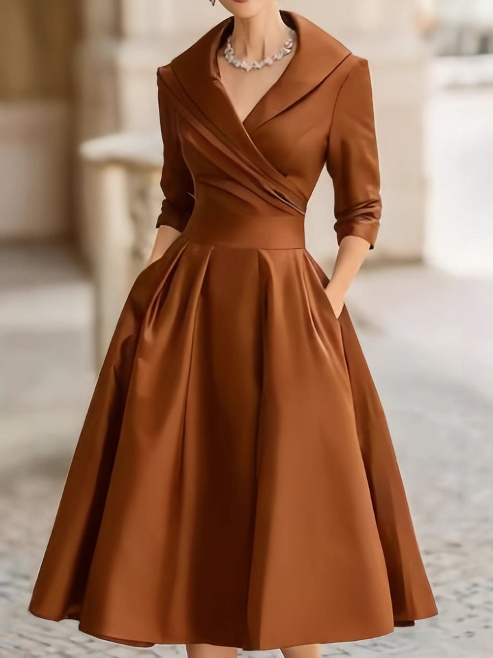 Women's Elegant Satin Midi Dress with Wrap Top, Mid-Length Sleeves and Side Pockets Amarae
