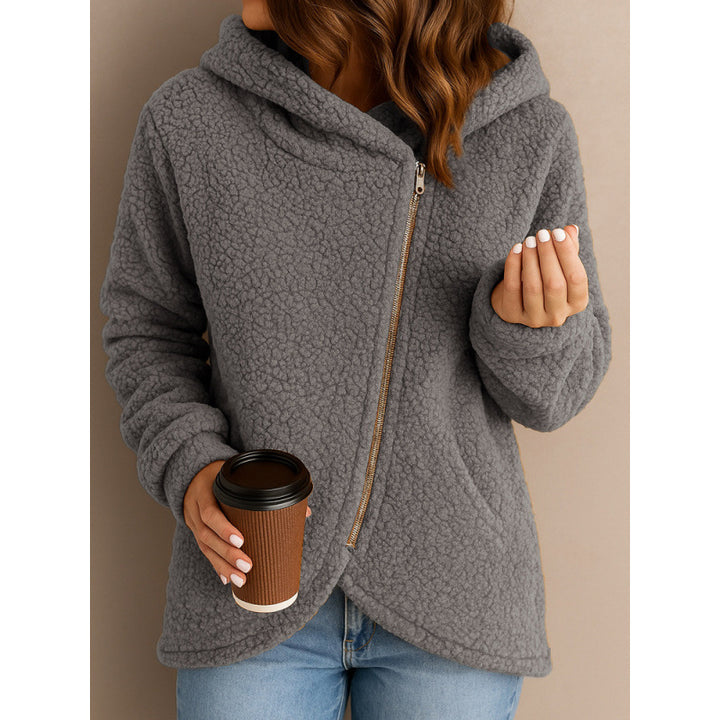 Women's teddy fleece jacket with asymmetrical zipper, hood and curved hem Amarae