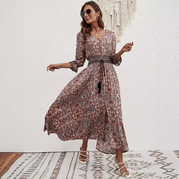 Maxi dress for women with removable belt at the waist and artistic pattern Lune London