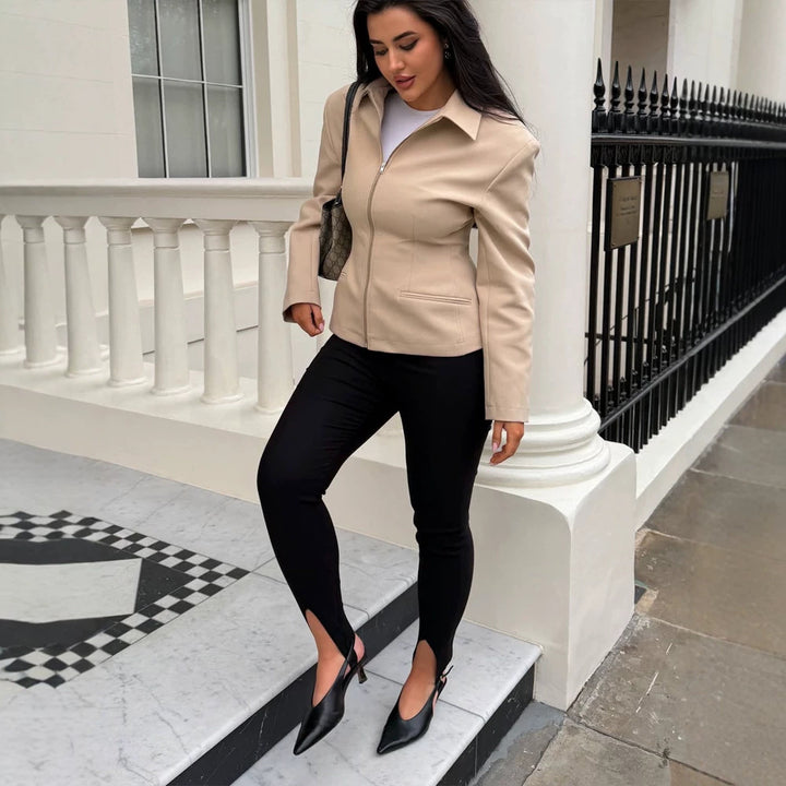 Women's Tailored Short Jacket made of vegan leather imitation with shirt collar and concealed zipper Amarae