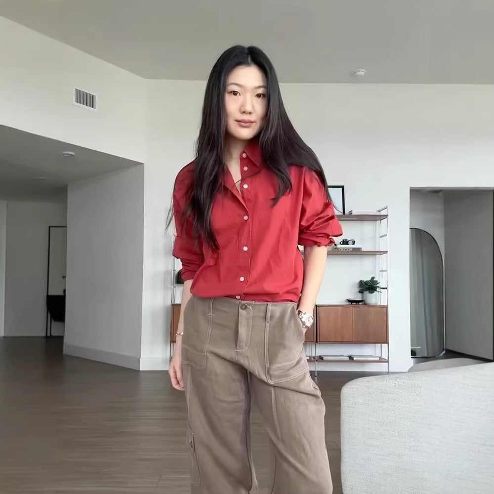 Women's loose-fitting cotton blouse with full button placket, shirt collar & roll-up sleeves Amarae
