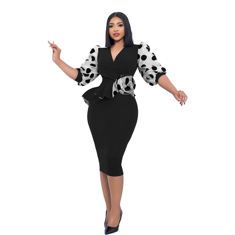 Wrap dress for women with transparent puff sleeves and a fitted ruched design Lune London