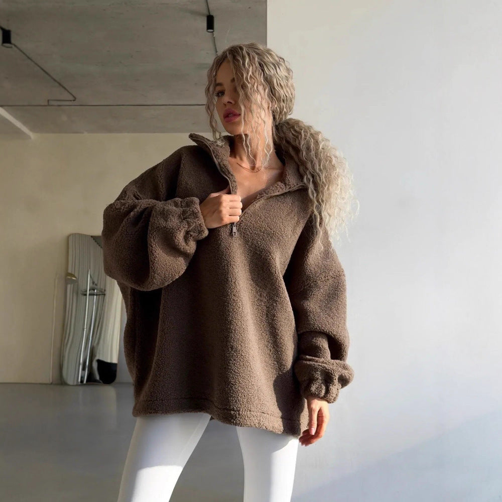 Ladies Oversized Fleece Hoodie with high collar and full zipper Lune London
