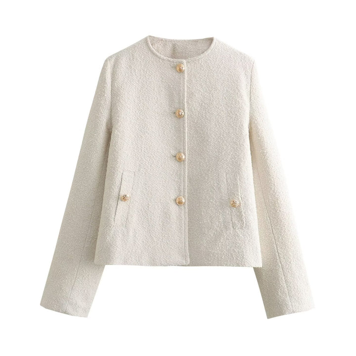 Women's Boxy Boucle Jacket with Round Neckline, Decorative Button Placket and Flap Pockets Amarae