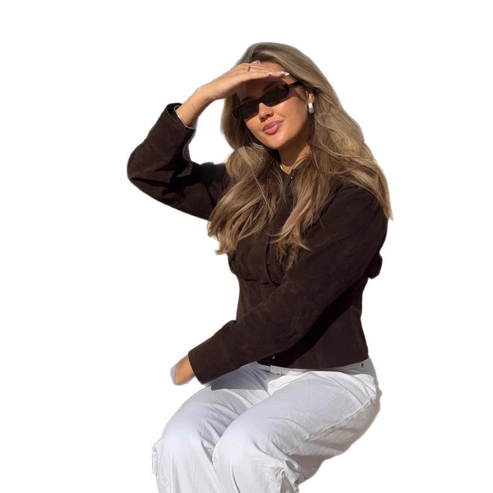 Women's short jacket made of suede in shirt jacket style with attached breast pockets Amarae