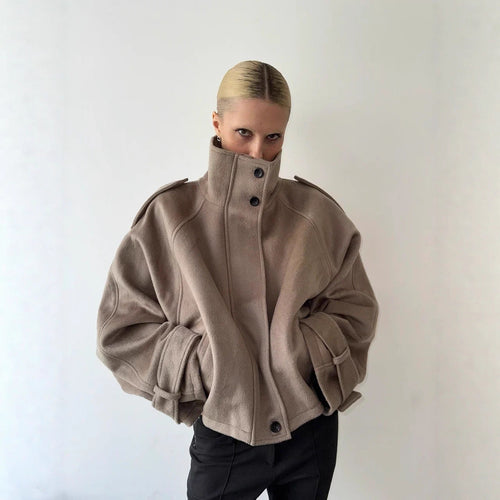 Trendy wool jacket for women with high collar and button details Amarae