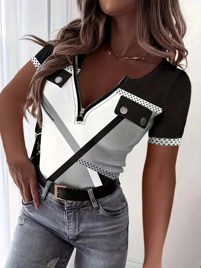 Women short sleeve top with zipper and geometric design Lune London