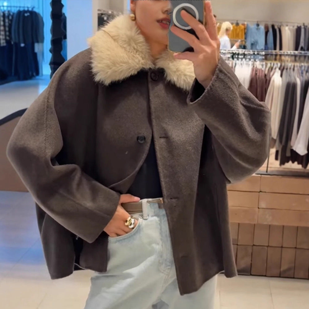 Women's Boxy-Cropped Wool Blend Jacket with Soft Faux Fur Shawl Collar Amarae