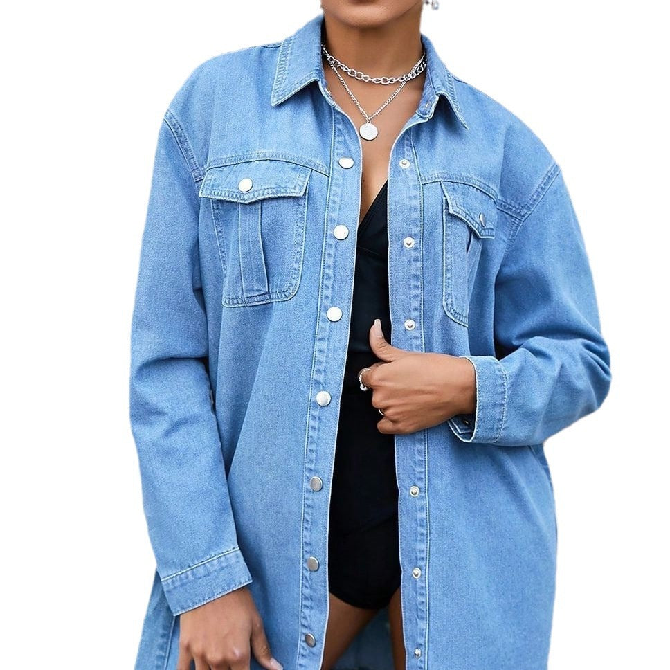 Ladies' fitted denim shirt dress with tie belt and snap button placket Amarae