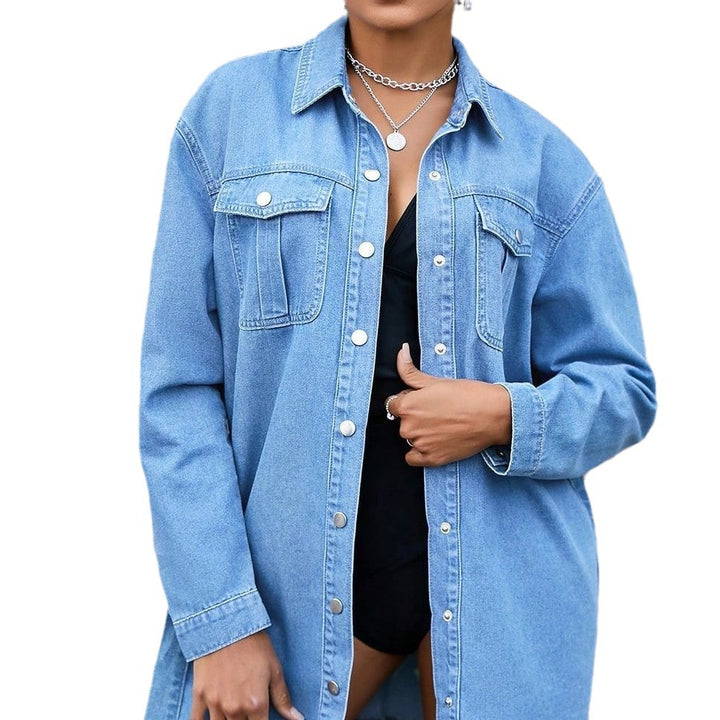 Ladies' fitted denim shirt dress with tie belt and snap button placket Amarae