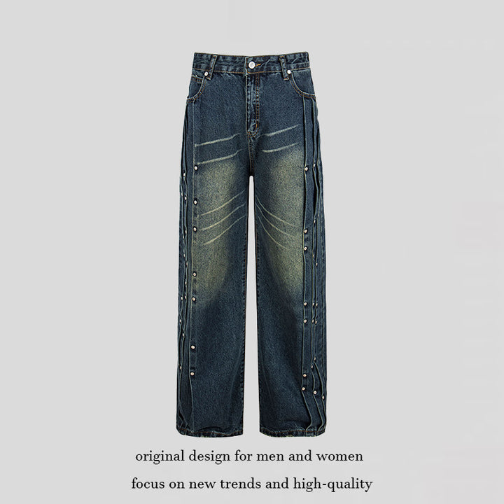 Women's Loose Denim Jeans with Snap Button Side Stripes, High Waist and Used Wash Amarae